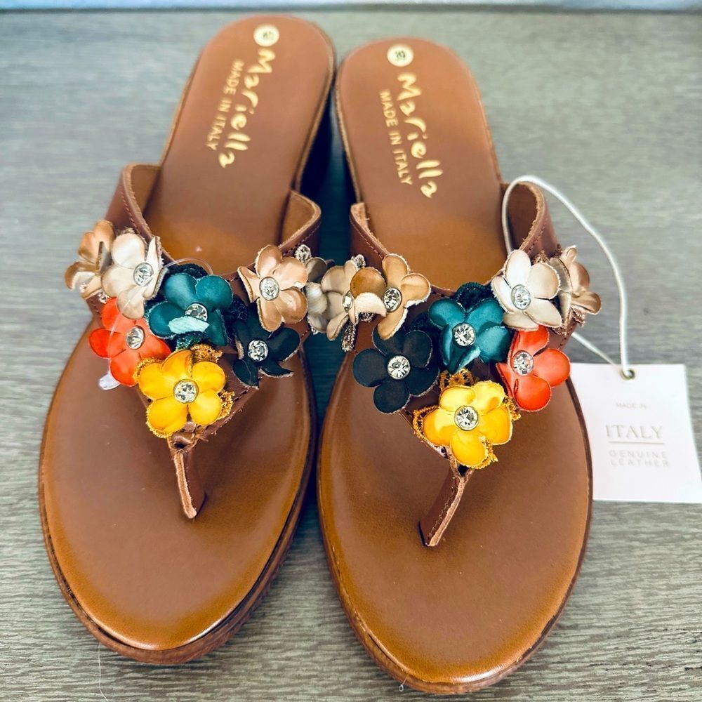 Mariella Italian Leather Multi Floral Sandals Shoes